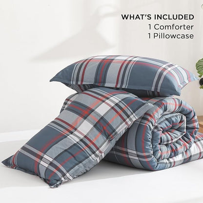 Andency Navy Red Plaid Comforter Set Twin(66x90 Inch), 2 Pieces Grid Gingham Stripes Bedding Comforter Sets for Boys Girls Kids Teens, Preppy Geometric Line Soft Lightweight Reversible Bed Set as Gift