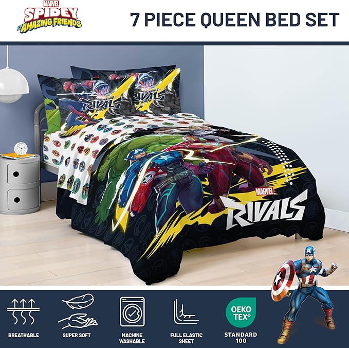 Jay Franco Kids Comforter Set Includes Sheets and Pillow Covers - Soft and Cozy Bed Set for Stylish Room Decor, Official Licensed Bedding, Multi - Marvel Rivals, 7 Piece Queen