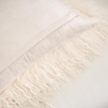 Genuine Mongolian Lamb Fur Pillow Cover – 12"x20" Rectangular Cushion Case – Soft Curly Wool Decorative Accent for Sofa, Bed, or Chair (Beige)