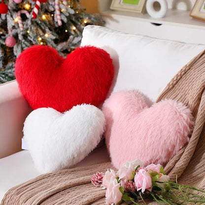 Bucherry 3 Pcs Valentine's Day Heart Throw Pillows, Red White Pink Heart Pillow Soft Decorative Back Cushion for Girls Women Bed Sofa Valentines Wedding Gifts Home Decor(Fluffy Plush,Without Ruffed)