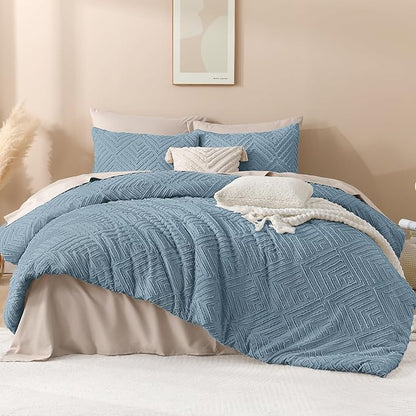 Andency Grayish Blue Comforter Set King Size, 3 Pieces Boho Bedding Set & Collections, Farmhouse Tufted Fluffy Bedding Comforter Sets for King Bed (1 Comforter 104x90In, 2 Pillowcases)