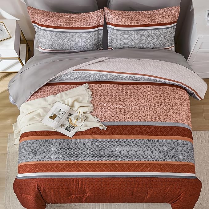 WONGS BEDDING 7 Pieces Comforter Set Queen Size, Burnt Orange Striped Bed in a Bag Comforter and Sheet Set, Boho Soft Lightweight Micorfiber Bedding Set for All Season (90"×90")