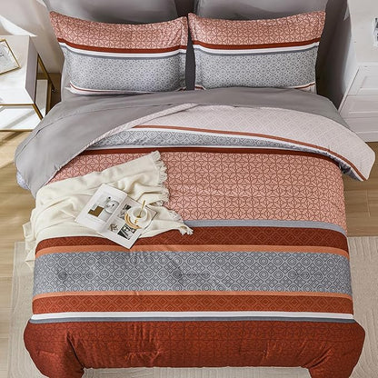 WONGS BEDDING 7 Pieces Comforter Set Queen Size, Burnt Orange Striped Bed in a Bag Comforter and Sheet Set, Boho Soft Lightweight Micorfiber Bedding Set for All Season (90"×90")