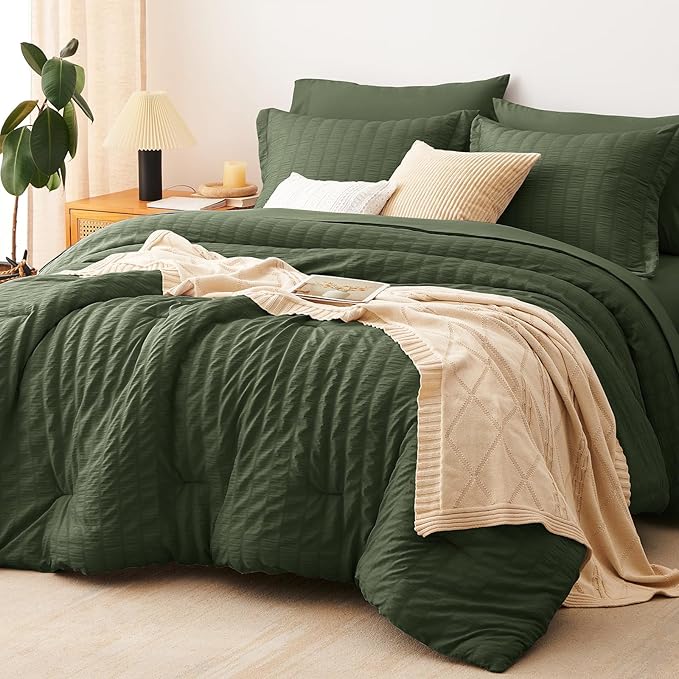 CozyLux Twin Comforter Set with Sheets 5 Pieces, Olive Green Seersucker Textured Bed in a Bag, Luxury Soft Bedding Set with Down Alternative Comforter, Sheets, Pillowcases & Shams for All Seasons