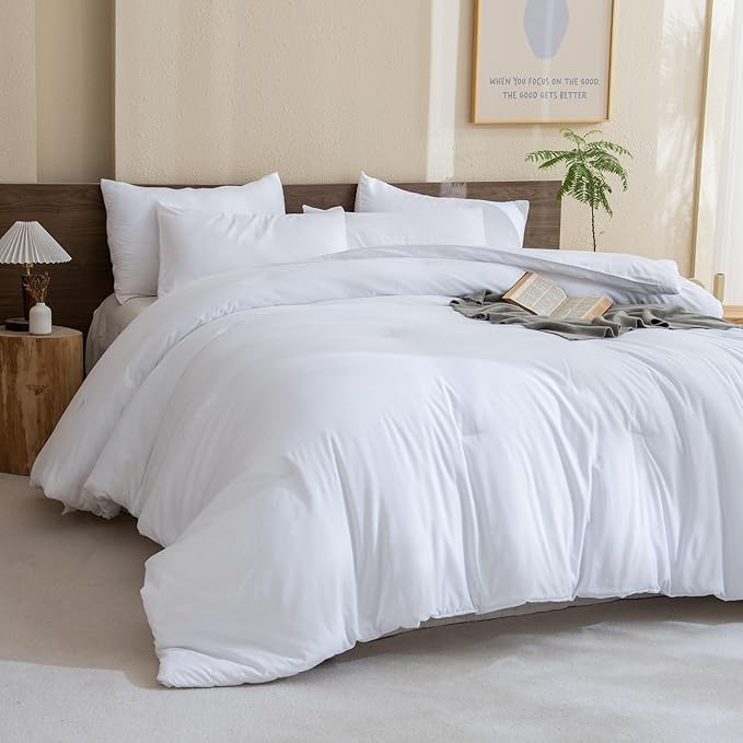 Paxrac Classic Pure White Comforter Queen Size, 3 Pieces Boho Comforter Set, Lightweight Solid Bedding Set, All Seasons Soft Breathable Queen Comforter Set (90x90In Comforter & 2 Pillowcases)