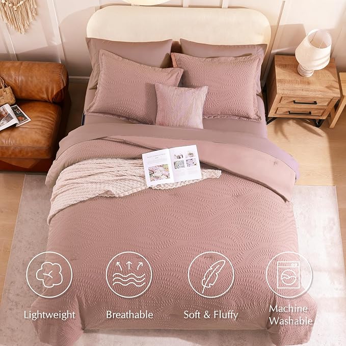 Geniospin Queen Comforter Set - 7 Pieces Dusty Pink Bedding Set, Botanical Textured Comforter Bed Set, All Season Lightweight Bed in a Bag with Comforter, Sheets, Pillowcases & Shams