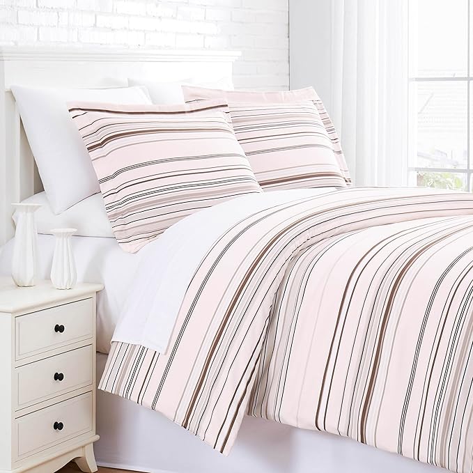 Southshore Fine Living, Inc. 3-Piece Full/Queen Size Comforter Set, Down Alternative All-Season Striped Comforter with 2 Shams, Soft Microfiber Bed Spread for Full or Queen Bed, Coastal Stripes Taupe