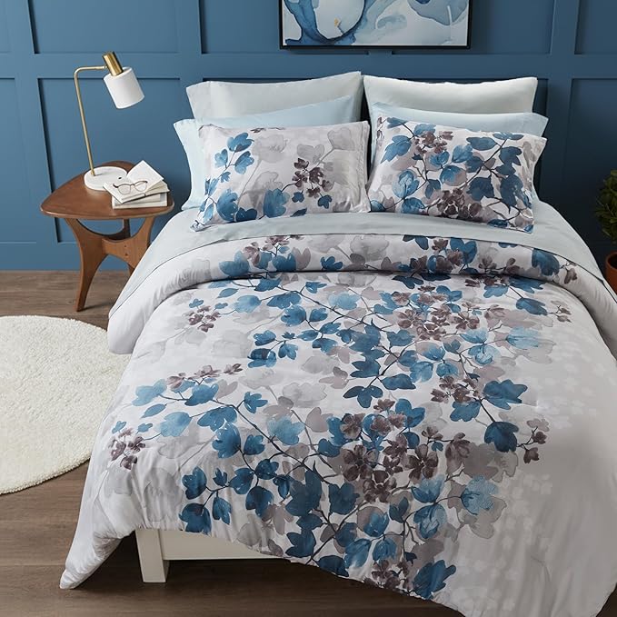 King Comforter Set Blue Bed Set, 9 Pieces Cute Floral Bedding Set Ultra Soft Botanical Flowers Comforter, Sheets, Pillowcases & Shams