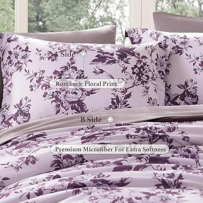 Full Comforter Set -7 Pieces Deep Purple Floral Comforter Set for All Seasons, Bed in a Bag Full with Botanical Flowers Comforter, Sheets, Pillowcases & Shams