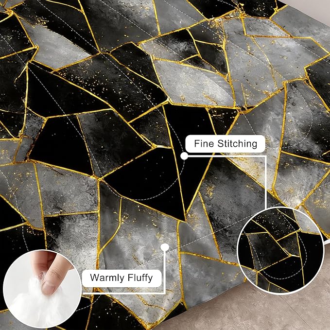 Black Grey Marble Comforter Set Geometry Abstract Marbling Beddding Set Queen Size Gold Lines Geometric Print Quilt Set Black Gray Gold Stripes Bed Set with 1 Comforter + 2 Pillowcases