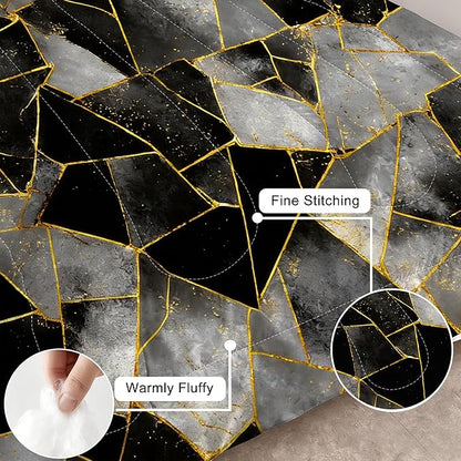 Black Grey Marble Comforter Set Geometry Abstract Marbling Beddding Set Queen Size Gold Lines Geometric Print Quilt Set Black Gray Gold Stripes Bed Set with 1 Comforter + 2 Pillowcases