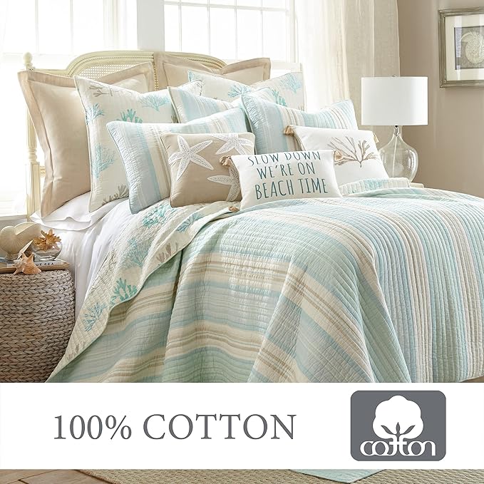 Levtex Home - Stone Harbor Full/Queen Quilt - Striped Coastal - Light Blue, Taupe, & Cream - Quilt Set Size 88x92in. and Two Shams Size 20x26 - Reversible - Cotton Fabric