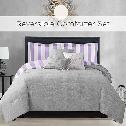 Juicy Couture Cabana Stripe Reversible Bedding Set - Twin/Twin XL Size - Lavender/White Stripe Print - 5 Piece Set - Includes 1 66" x 90" Comforter, 3 Decorative Pillows, 1 Sham