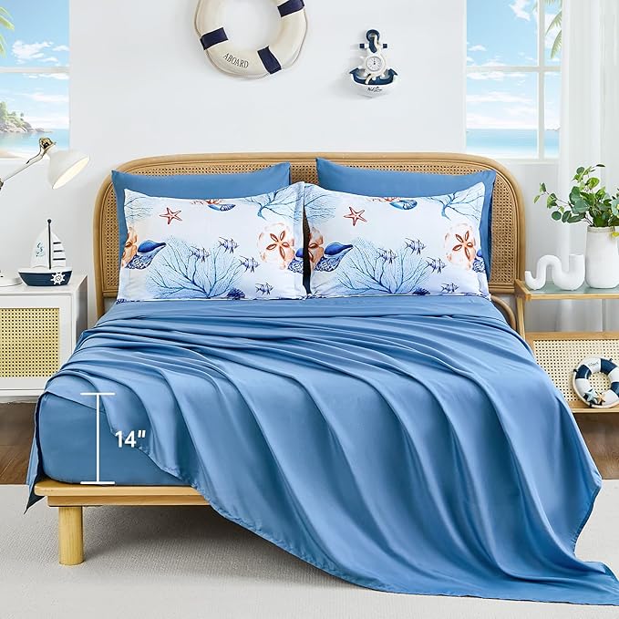 WONGS BEDDING Coastal Queen Comforter Set, 7 Pieces Beach Themed Ocean Sand Dollor & Starfish Pattern Bed in a Bag, Summer Bed Comforter Bedding Set(90"×90")