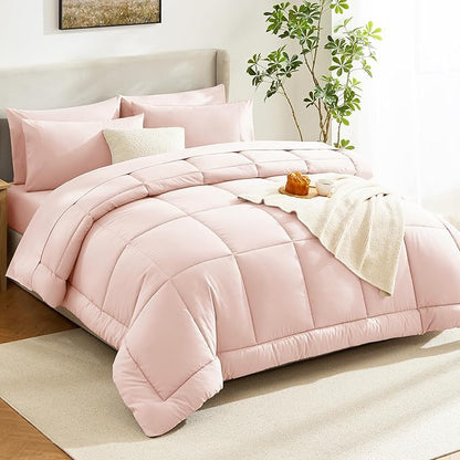 CozyLux Twin XL Comforter Set Blush Pink, 5 Pieces Twin Extra Long Bed in a Bag for College Dorm, All Season Bedding Set with Stitch Quilted Comforter, Flat Sheet, Fitted Sheet, Pillowcases