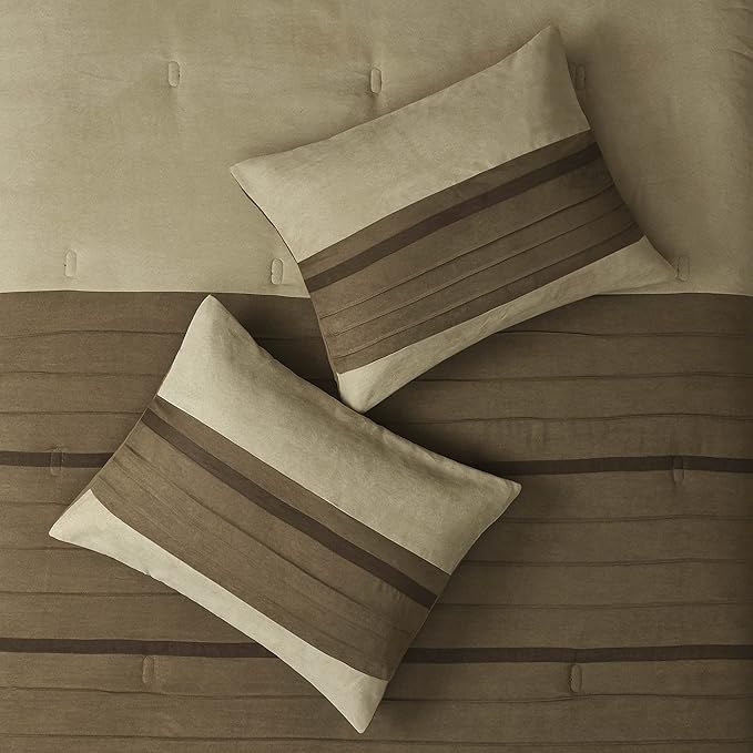 Madison Park Palmer Comforter Set - Faux Suede Design, Striped Accent, All Season Down Alternative Bedding, Matching Shams, Decorative Pillow, Bed Skirt, Full (82 in x 90 in), Natural 7 Piece