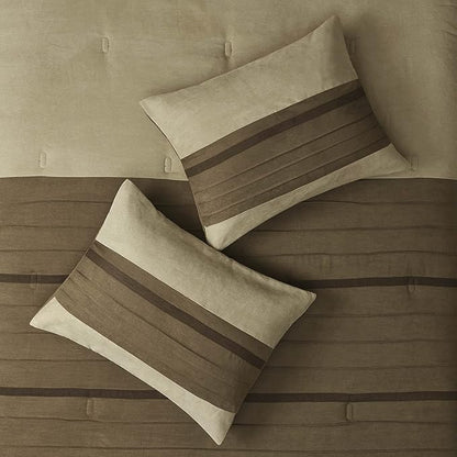 Madison Park Palmer Comforter Set - Faux Suede Design, Striped Accent, All Season Down Alternative Bedding, Matching Shams, Decorative Pillow, Bed Skirt, Full (82 in x 90 in), Natural 7 Piece