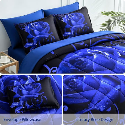 WONGS BEDDING Blue Comforter Set Queen 7 Pieces, Rose Pattern Bed in a Bag, Lightweight Soft Microfiber Bedding Sets with Comforter, Flat Sheet, Fitted Sheet, Pillowcases