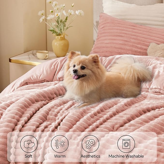 BEDELITE Fleece Full Comforter Set -Super Soft & Warm Fluffy Dusty Pink Bedding, Luxury Fuzzy Heavy Bed Set for Winter with 2 Pillow Cases