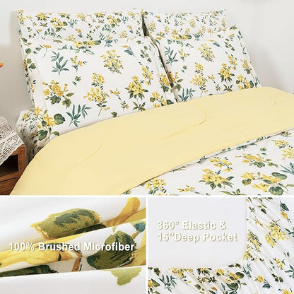 Floral Queen Comforter Set with Sheets, 7 Piece Luxury Vintage Bedding, Soft Microfiber Bed in a Bag, Cozy Lightweight Bed Set, Yellow Flower Green Leaves