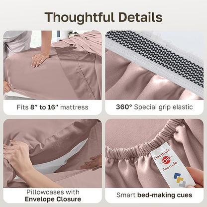 California Design Den 100% Egyptian Cotton Sheets Queen Size Set - Certified Authentic, Soft Sateen, Deep Pocket Sheets with Gripper Elastic, Breathable and Durable Luxury Bedding - Sepia Rose