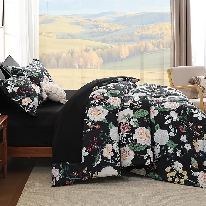 Anibedding 7Pieces Floral Queen Size Comforter Set, Garden Plant Flower Style Bed in a Bag Black White Bedding Comforter Set with Pillow Case for Bedroom