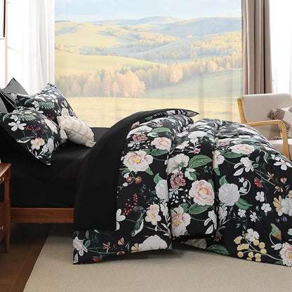 Anibedding 7Pieces Floral Queen Size Comforter Set, Garden Plant Flower Style Bed in a Bag Black White Bedding Comforter Set with Pillow Case for Bedroom