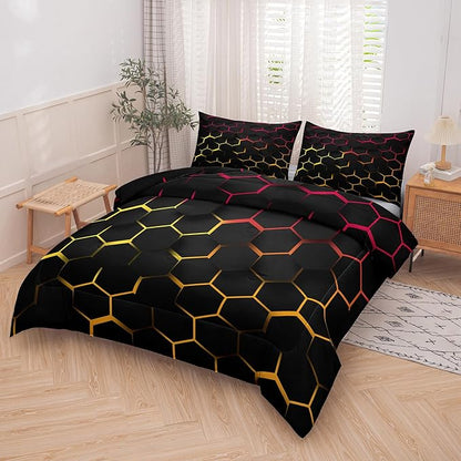Tailor Shop Honeycomb Comforter Set Queen Size Geometric Hexagon Bedding Set for Kids Boys Teens Room Decor Yellow Red Black Neon Lights Comforter with 2 Pillowcases…