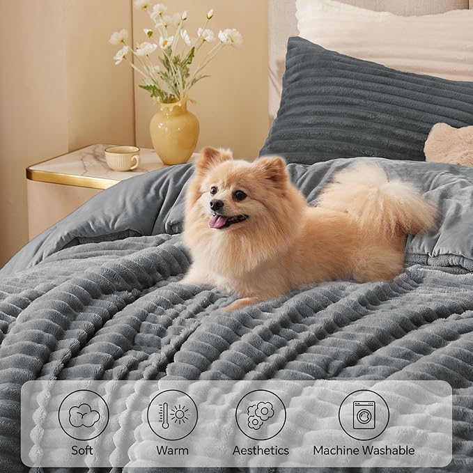 BEDELITE Fleece Full Comforter Set -Super Soft & Warm Grey Bedding, Luxury Fuzzy Heavy Bed Set for Winter with 2 Pillow Cases