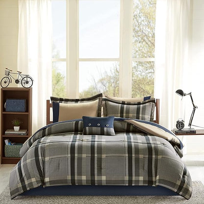 Intelligent Design Robbie 9-Piece Queen Comforter Set – Lightweight All-Season Plaid Bedding, Navy/Tan, Cozy Bed-in-a-Bag with Matching Shams & Decorative Pillow, Modern Casual Style