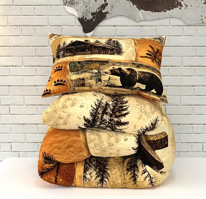Rustic Bear Comforter Sets for Kids Adults,3D Pattern Cabin Theme,Decorative Bedding Comforter Sets with 2 Pillow Shams, Twin Size