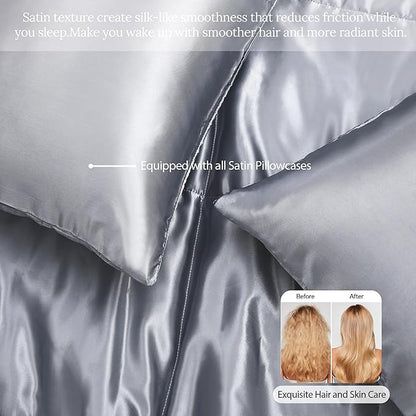 Whale Flotilla 3-Piece Reversible Silky Soft Queen Comforter Bedding Set, Luxurious Satin Comforters Full Size with 2 Satin Pillowcases, Lightweight Duvet for All Seasons, Grey