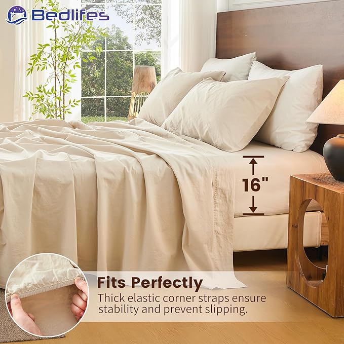 Bedlifes 100% French Pure Linen Sheets California King Size Breathable and Cooling Flax Sheet Set Soft Durable and Moisture Wicking 16 Inch Deep Pocket-4 Piece(Cal King,Linen)