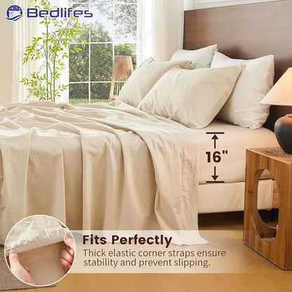 Bedlifes 100% French Pure Linen Sheets California King Size Breathable and Cooling Flax Sheet Set Soft Durable and Moisture Wicking 16 Inch Deep Pocket-4 Piece(Cal King,Linen)