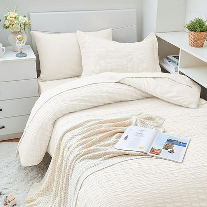 HYMOKEGE Ivory Twin XL Comforter Set Seersucker 5 Pieces, All Season Luxury Bed in a Bag for Bedroom, Bedding Set with Comforter, Sheets, Pillowcase & Sham