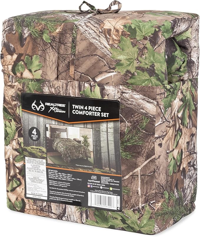 Northwest Realtree 4-Piece Twin Size Bed in a Bag Set, 1 Comforter, 1 Fitted Sheet, 1 Flat Sheet, 1 Pillowcase, All Seasons Bedding, Xtra Green Camo