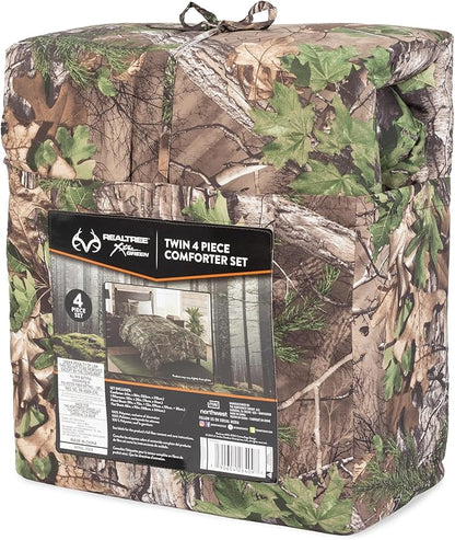 Northwest Realtree 4-Piece Twin Size Bed in a Bag Set, 1 Comforter, 1 Fitted Sheet, 1 Flat Sheet, 1 Pillowcase, All Seasons Bedding, Xtra Green Camo