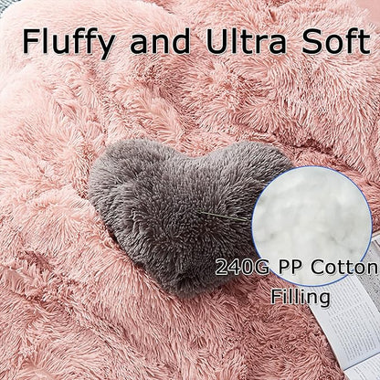 MorroMorn Fluffy Heart Throw Pillows, Shaggy Decorative Pillow for Sofa Couch Bed, Cute Room Decor Decorations for Women Girls Kids (Gray)