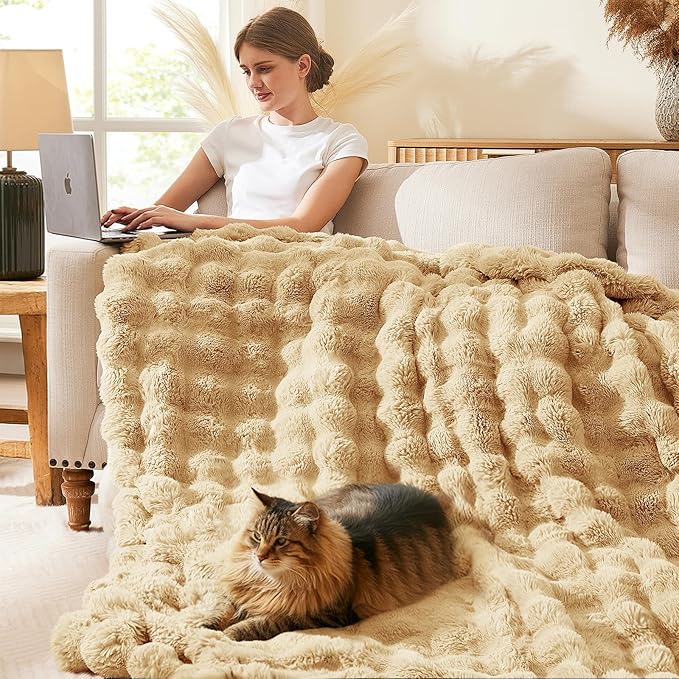 L'AGRATY Faux Rabbit Fur Blanket: 60" x 80" Twin Luxury Soft Fluffy Thick Fur Throw Blanket for Couch Bed - Cozy Plush Bubble Blankets for Winter: Flannel Fleece Decorative Blanket(Milk Tea Brown)