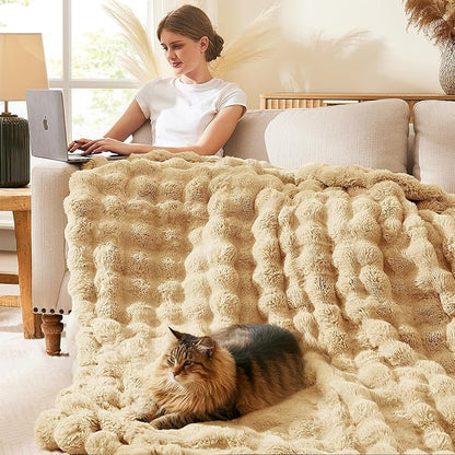 L'AGRATY Faux Rabbit Fur Blanket: 60" x 80" Twin Luxury Soft Fluffy Thick Fur Throw Blanket for Couch Bed - Cozy Plush Bubble Blankets for Winter: Flannel Fleece Decorative Blanket(Milk Tea Brown)