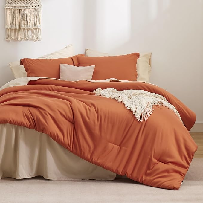 Bedsure Twin Comforter Set - 5 Pieces Burnt Orange Twin Bedding Set for All Seasons, Boho Contrasting Design Bed in a Bag with Comforter, Sheets, Pillowcase & Sham
