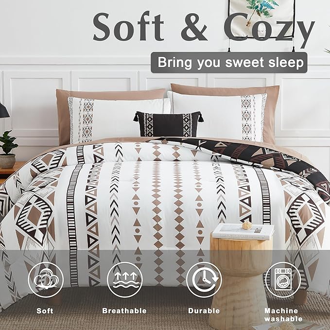 Geniospin Queen Comforter Set - 7 Pieces Reversible Bedding Set, Western Bed in A Bag, Lightweight Soft Aztec Bedding, All Season Bed Comforter Set with Sheets, Pillowcases & Shams