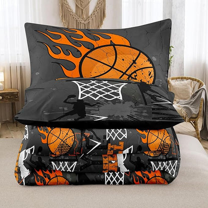 NINENINE Basketball Comforter Sets for Boys Sports Bedding Sets for Kids,Basketball Bedding Set,Queen Size Comforter Set(1Comforter, 1Flat Sheet, 1Fitted Sheet, 2Pillowcases)