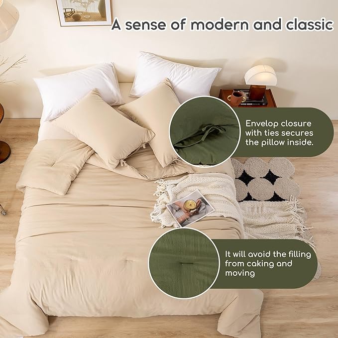 Ultra-Soft Twin/XL Bed Comforter Set, Comfy Washed Polycotton 1 Bedding Down Comforter and 1 Pillowcase Cozy Blanket Quilt Lightweight All Season for Kid Children Teens Girl Boys,Khaki Beige