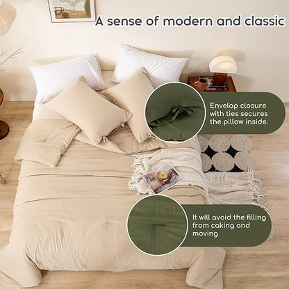 Ultra-Soft Bed Comforter King Set, Comfy Cozy Washed Polycotton, Comfort Fluffy Bedding Blanket Down Alternative Comforter Set with Pillowcase - Lightweight but Warm All Season, Khaki Beige