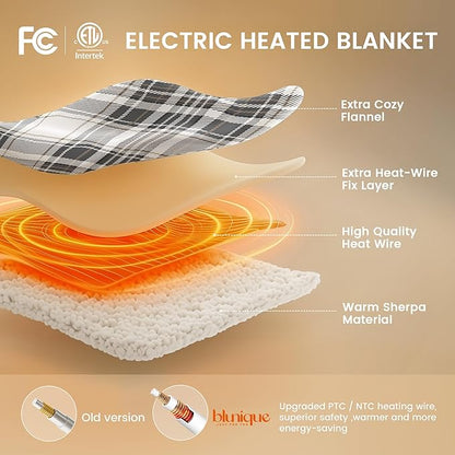 Heated Blanket Electric Throw-50''x60''Ultra Soft Cozy Plaid Flannel Fast Heating Electric Blanket with 10 Heat Levels & 10 Hrs Auto Off, ETL Certified, Keep Warm in Home Office (Grey)