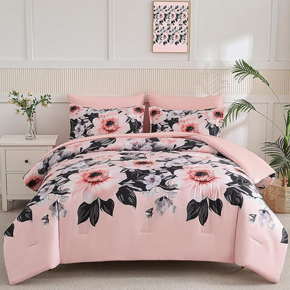 Yogeneg King Size Comforter Set 7 Piece Bed in a Bag,Pink Black Floral Botanical Pattern Blush Bedding Set,Soft Microfiber Comforter with Sheet Set,All Season Bed Set(Pink Black,King)