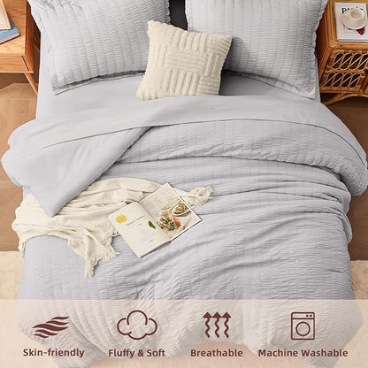 FUANNA Full Size Comforter Sets 7 Pieces, Luxury Seersucker Bed in a Bag Full for All Seasons, Soft Bed Sets with Comforter, Flat Sheet, Fitted Sheet, Pillowcases & Shams for Bedroom, Light Grey