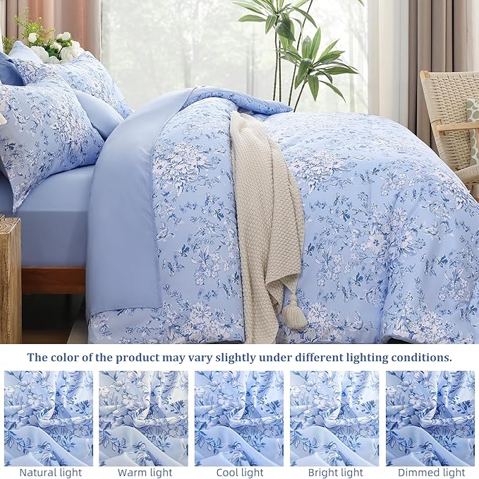 WONGS BEDDING King Size Comforter Set, 8 Pieces Blue Floral Bed in a Bag Comforter Sets, Botanical Print Soft Fluffy Microfiber Complete Bedding Sets for All Season (90"x104")