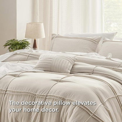 Bedsure Beige Queen Comforter Set - 4 Pieces Grid Pleated Bed Set, Down Alternative Bedding Sets for All Season, 1 Comforter, 2 Pillowcases, 1 Decorative Pillow